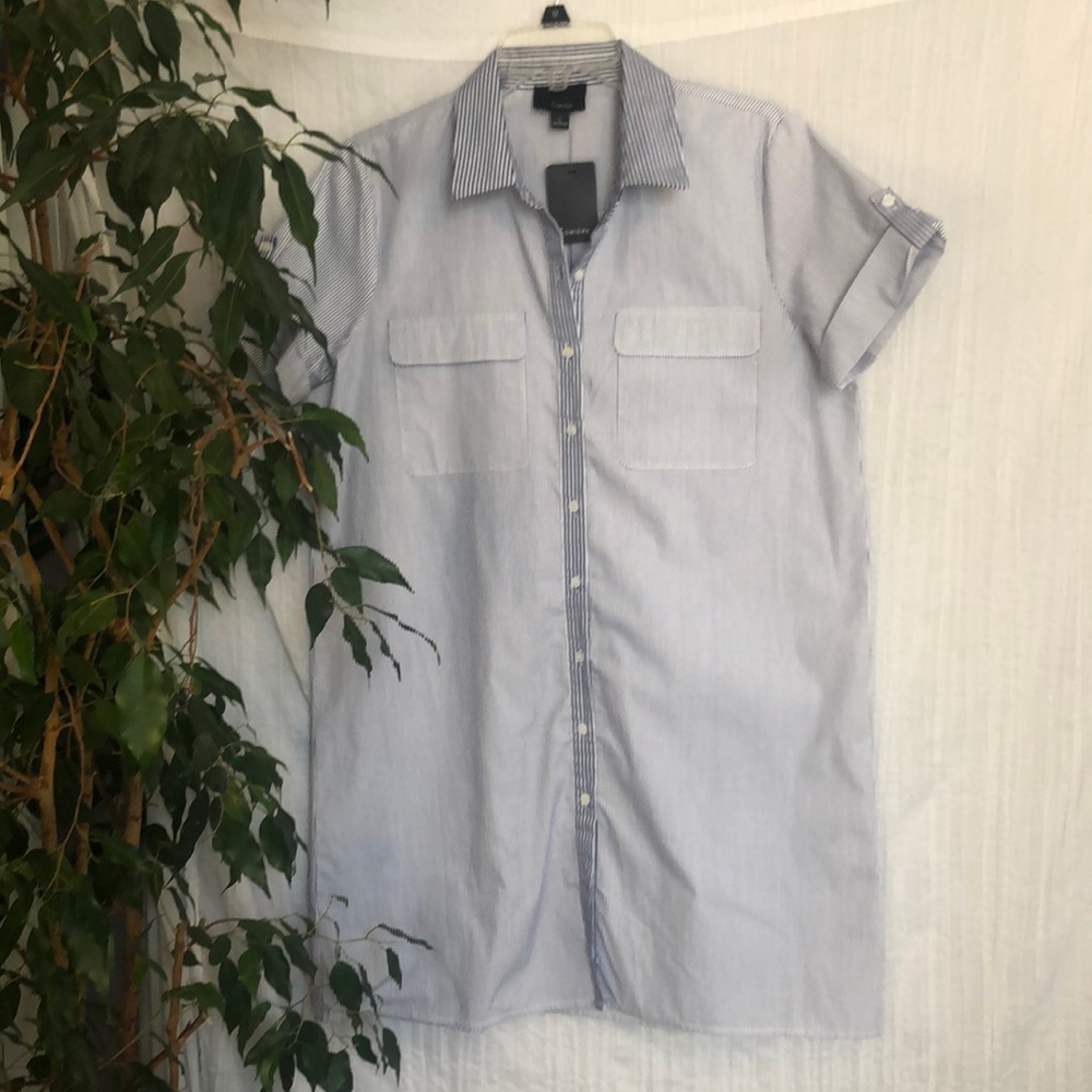 LUMIERE size L blue & white striped t shirt tunic style button down dress NWT
